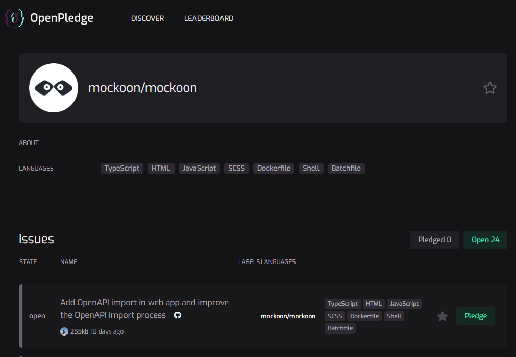 Mockoon page on OpenPledge.io