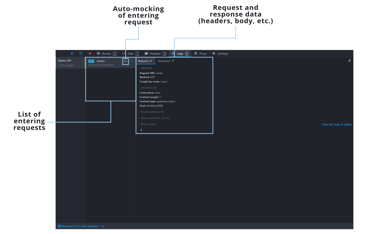 Mockoon logs view