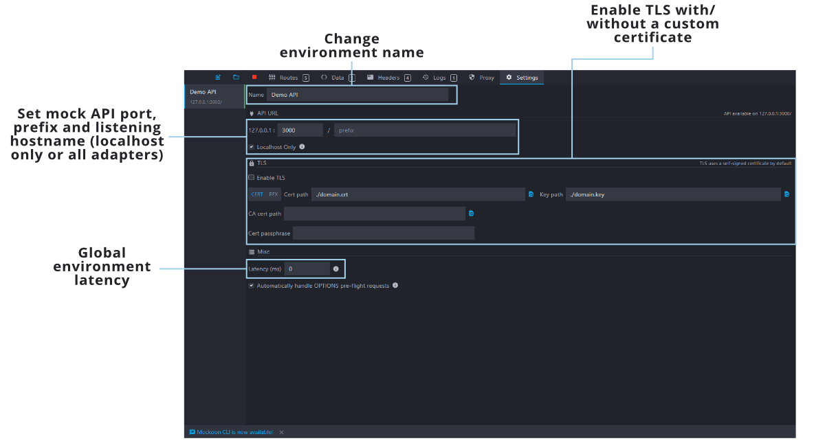 Mockoon settings view