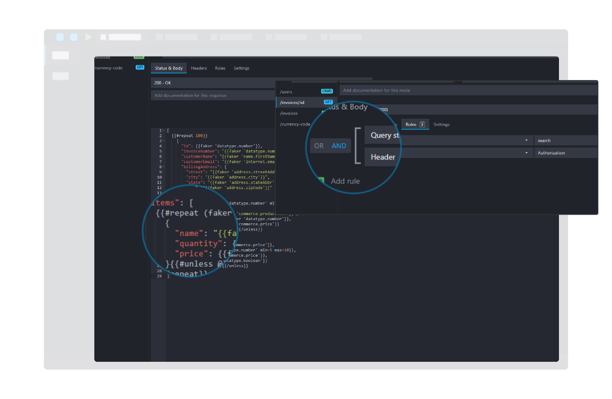 Mockoon main interface screenshot with response rules and templating system