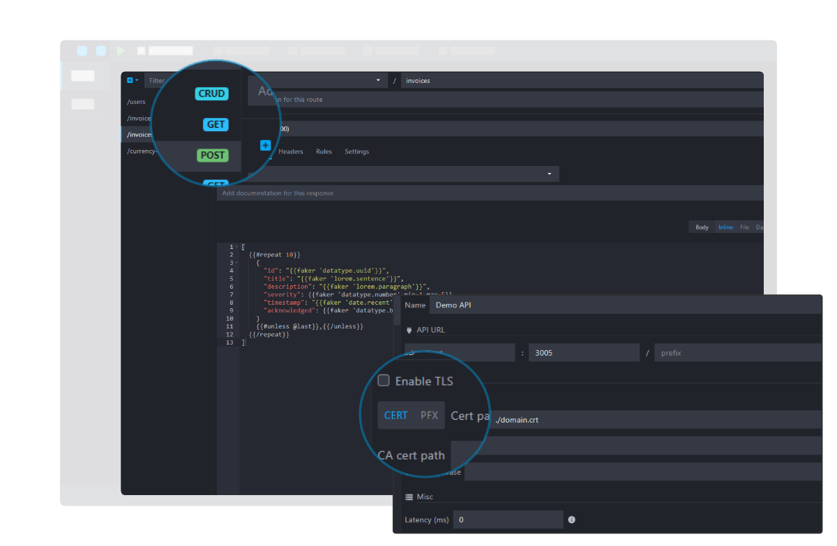 Mockoon customizable interface screenshot with multiple features displayed