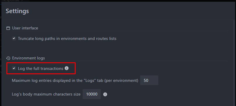 enable full transaction logging in the settings dialog