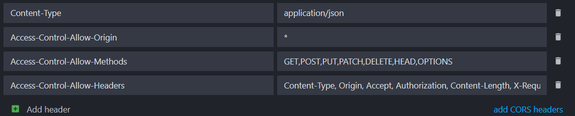 view of the environment headers showing the default cors headers