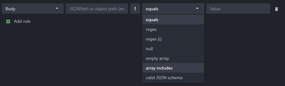 new array includes rule operator shown in dropdown menu