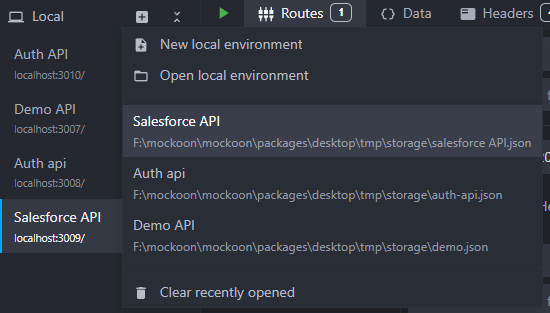 environment menu showing a list of recent environments