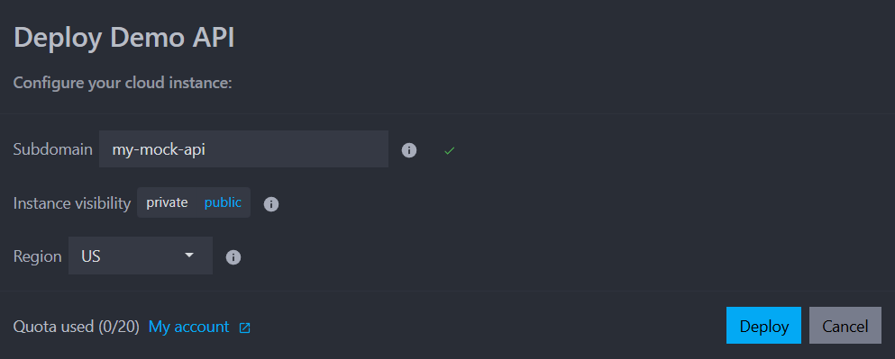 view of the cloud deployment dialog with region choice dropdown