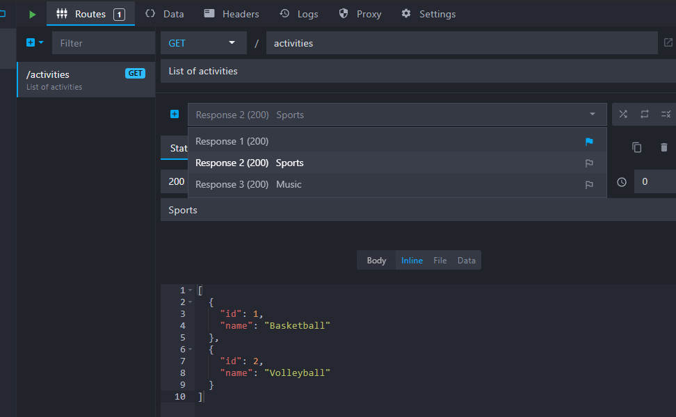 mockoon interface showing 3 responses with examples created after an openapi import