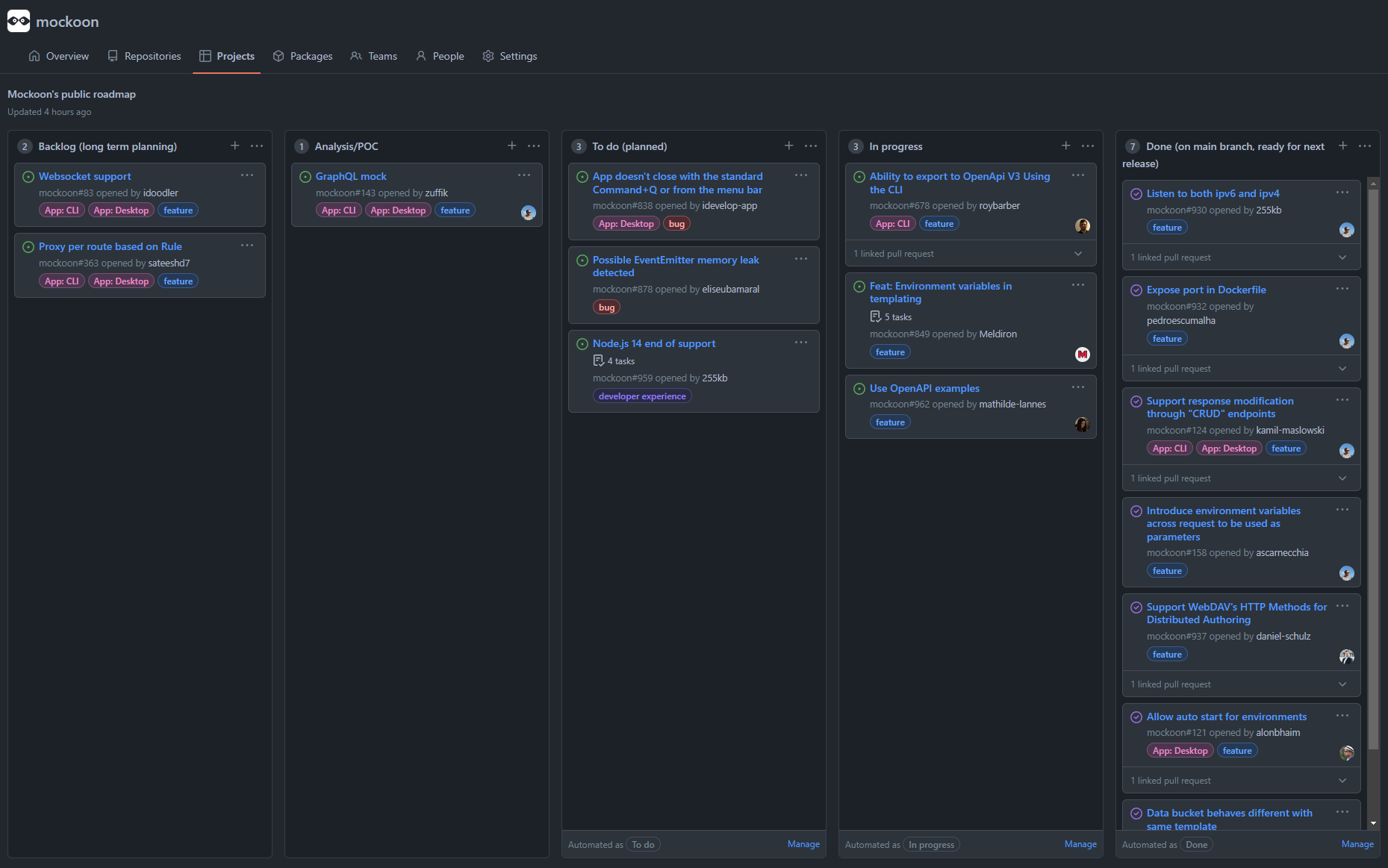 Screenshot of the roadmap kanban board