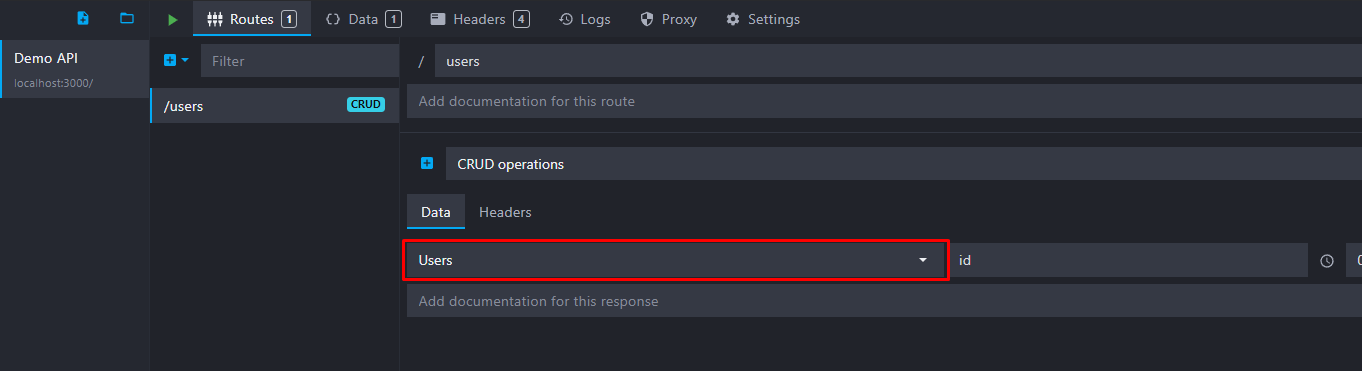 Select the data bucket in the crud route dropdown