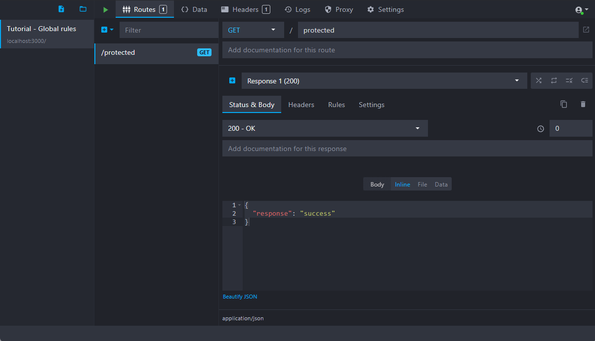 mockoon interface with a single route named protected