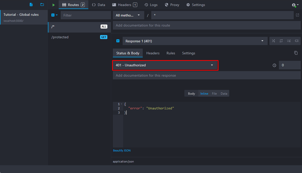 set response status code to 401 in the menu