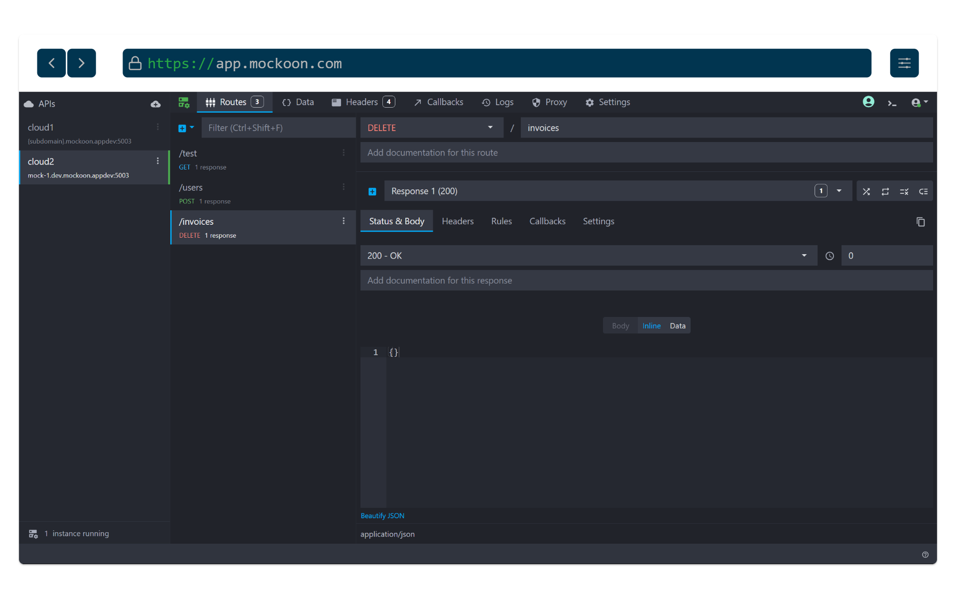 Mockoon Cloud web app screenshot