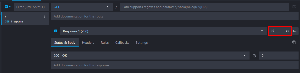 Three buttons allows for random or sequential responses, or rules disabling