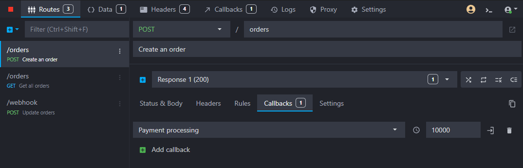 view of the order creation endpoint with the Payment processing callback attached