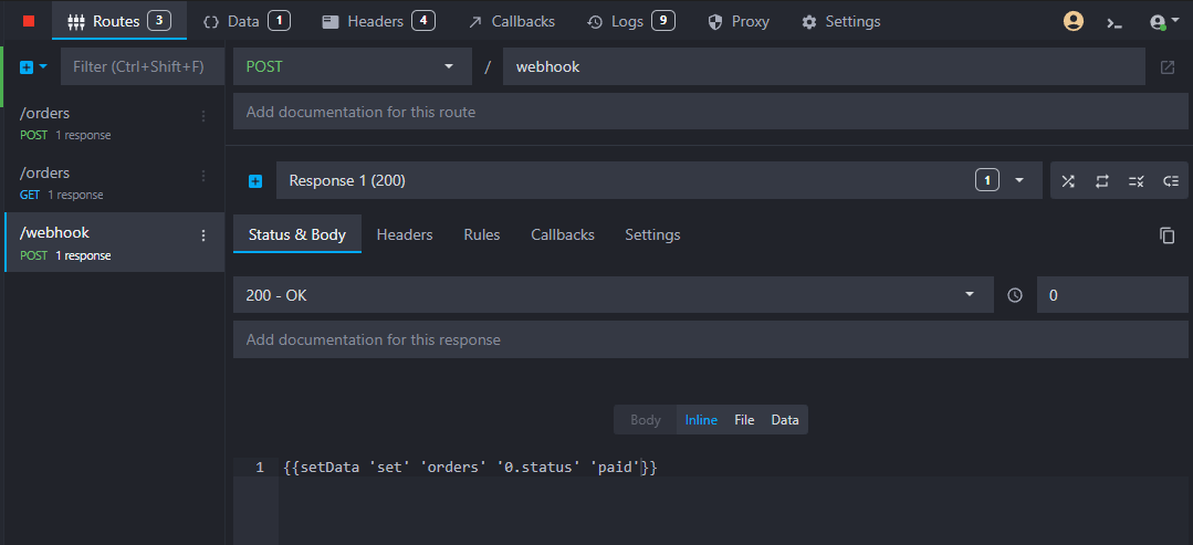 new HTTP POST route showing the path /webhook