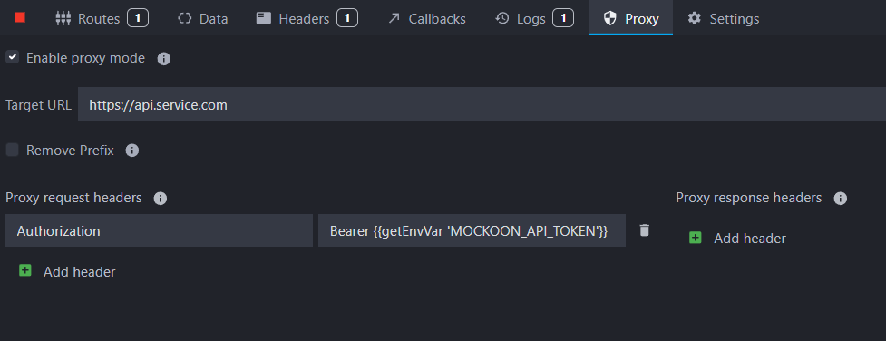 view of Mockoon proxy settings showing an url and an authorization header