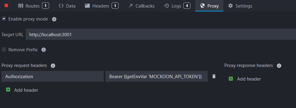 view of Mockoon proxy settings showing an url and an authorization header