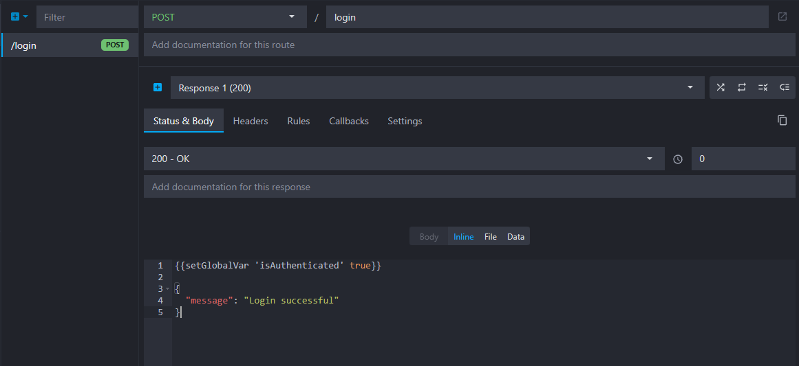 Overview of the login route with status 200 and "successful" body