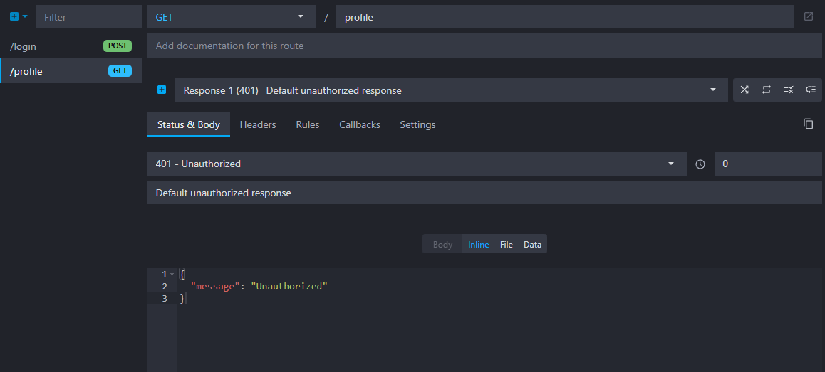 Overview of the profile route with status 401 and "unauthorized" body