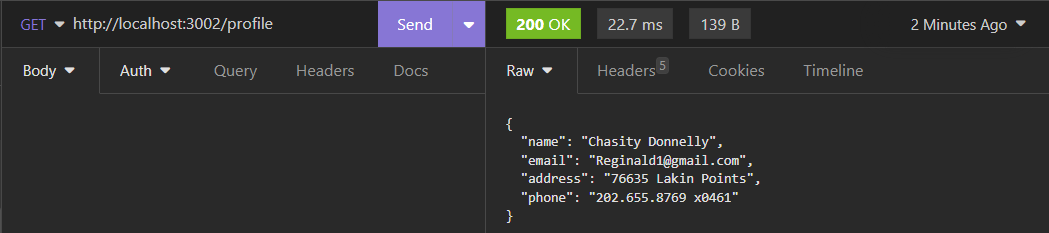 Overview of the profile route with status 200 and fake profile