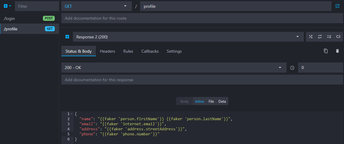 Overview of the profile route second response with status 200 and fake profile